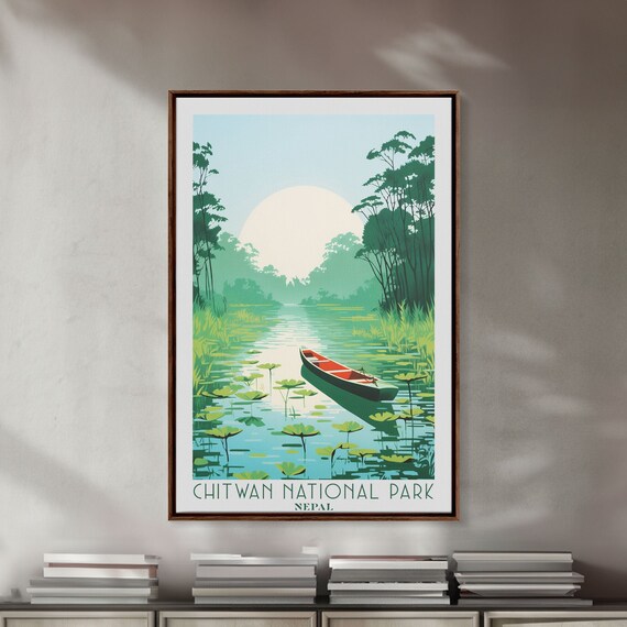 Chitwan National Park Nepal Jungle River Canoe Lily Pads Sunrise Travel Poster