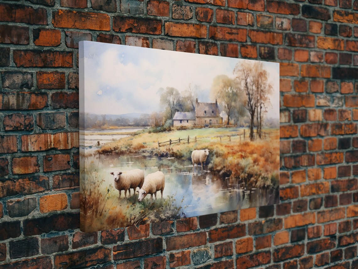 Sheep Grazing By The River, Vintage Landscape Art Print - Image 4