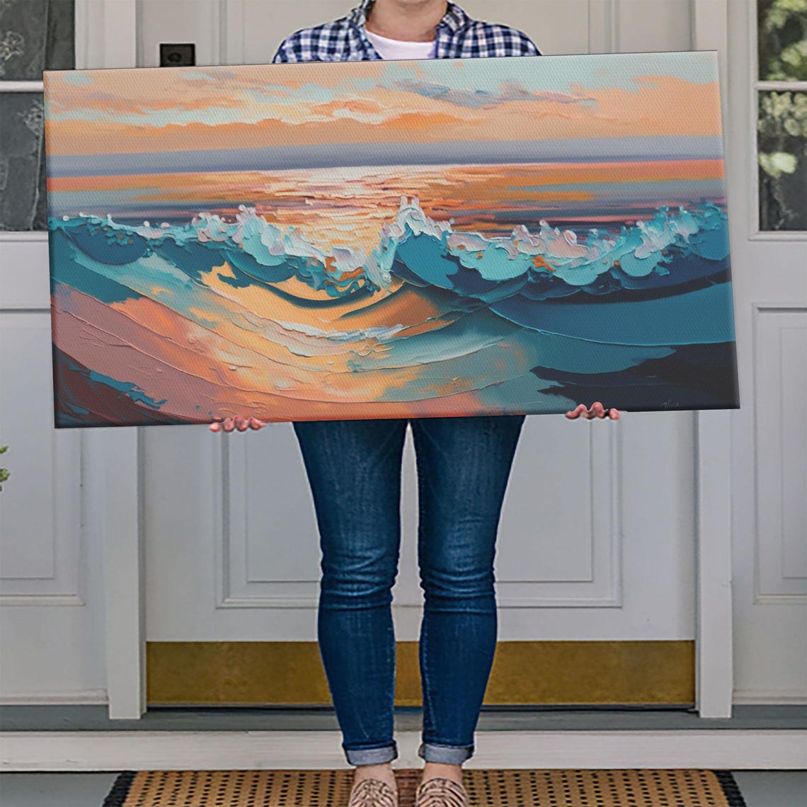 Ocean Sunset Waves Teal Foam Peach Sky Impasto Seascape Wall Poster - Image 4