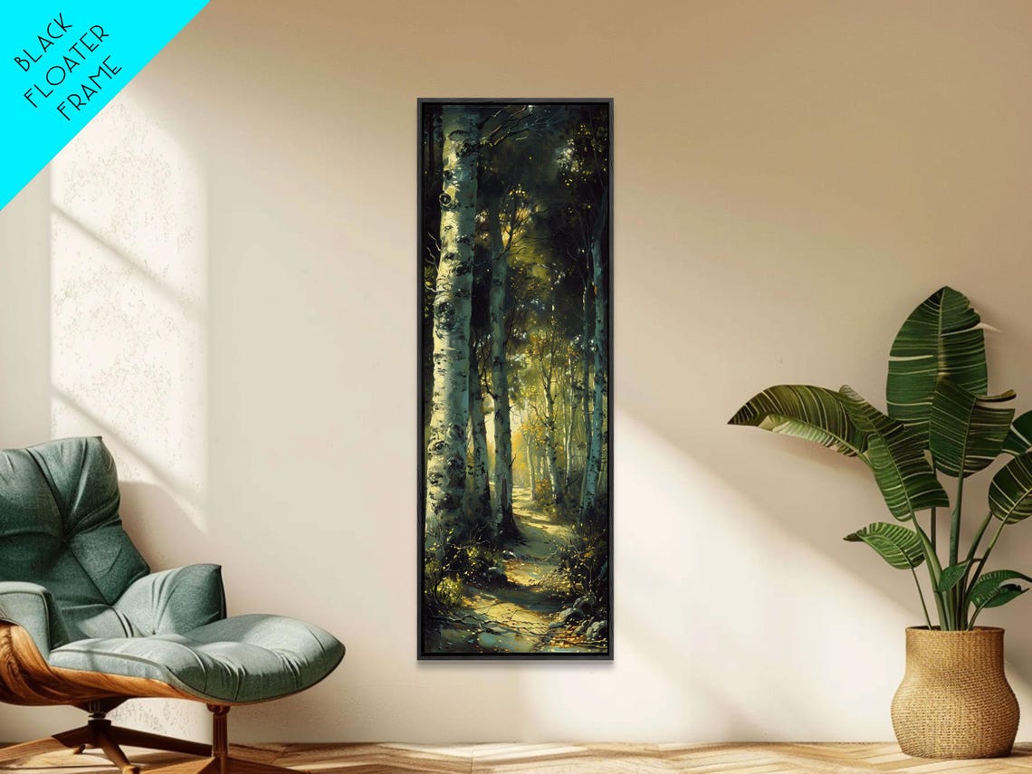Moody Birch Forest Path Sunlit Trunks Golden Light Woodland Poster - Image 6