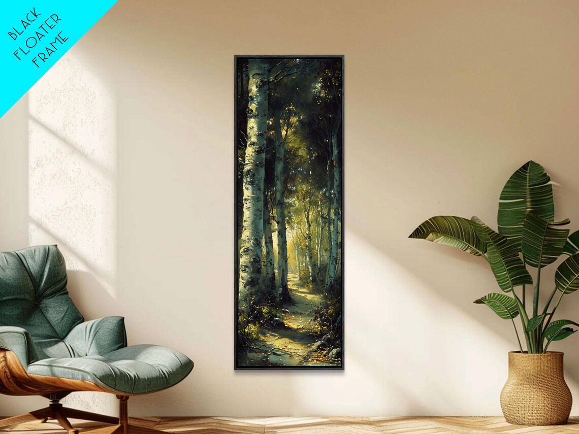 Serene Birch Tree Pathway In Tall Skinny Art Framed Print Perfect For Tranquil Wall Decor In Bedrooms Or Study Rooms - Image 6