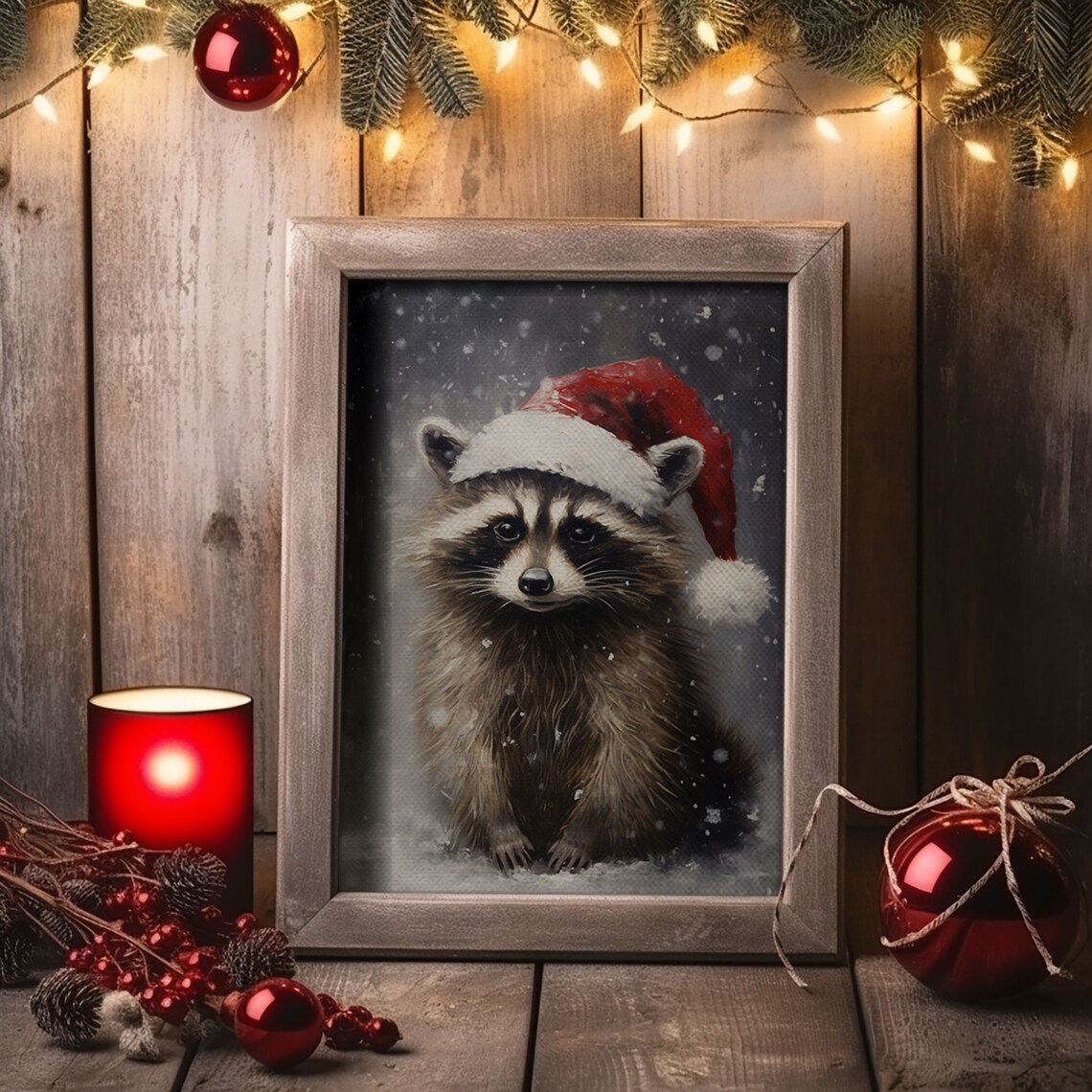 Christmas Raccoon in Santa Hat, Vintage Farmhouse Art Print