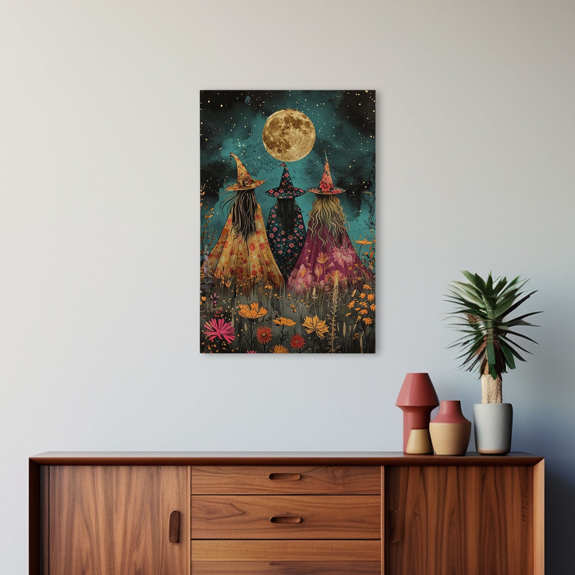 Witches Under Full Moon Floral Dresses Wildflowers Night Art Poster - Image 5