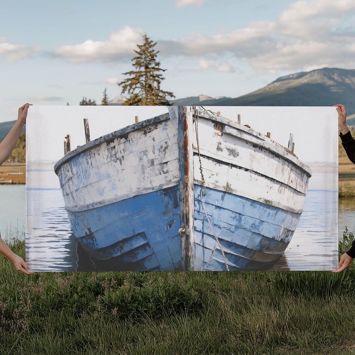 Weathered Blue Wooden Boat Bow White Hull Nautical Coastal Photo Poster
