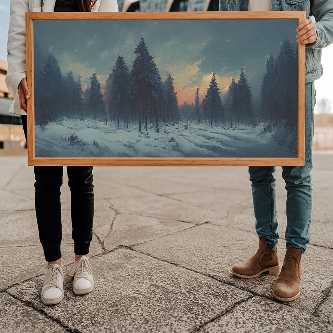 Snowy Forest Dusk Orange Horizon Dark Pines Winter Night Wall Art - Image 5
