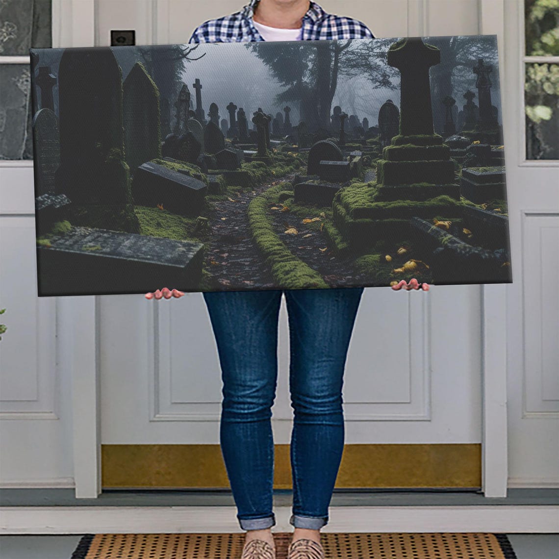 Moss Covered Haunted Graveyard Foggy Night Halloween Art Poster - Image 4