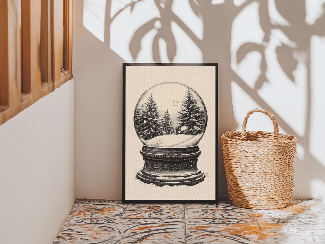 Vintage Snow Globe With Pine Trees Black Sketch Christmas Art Poster - Image 6