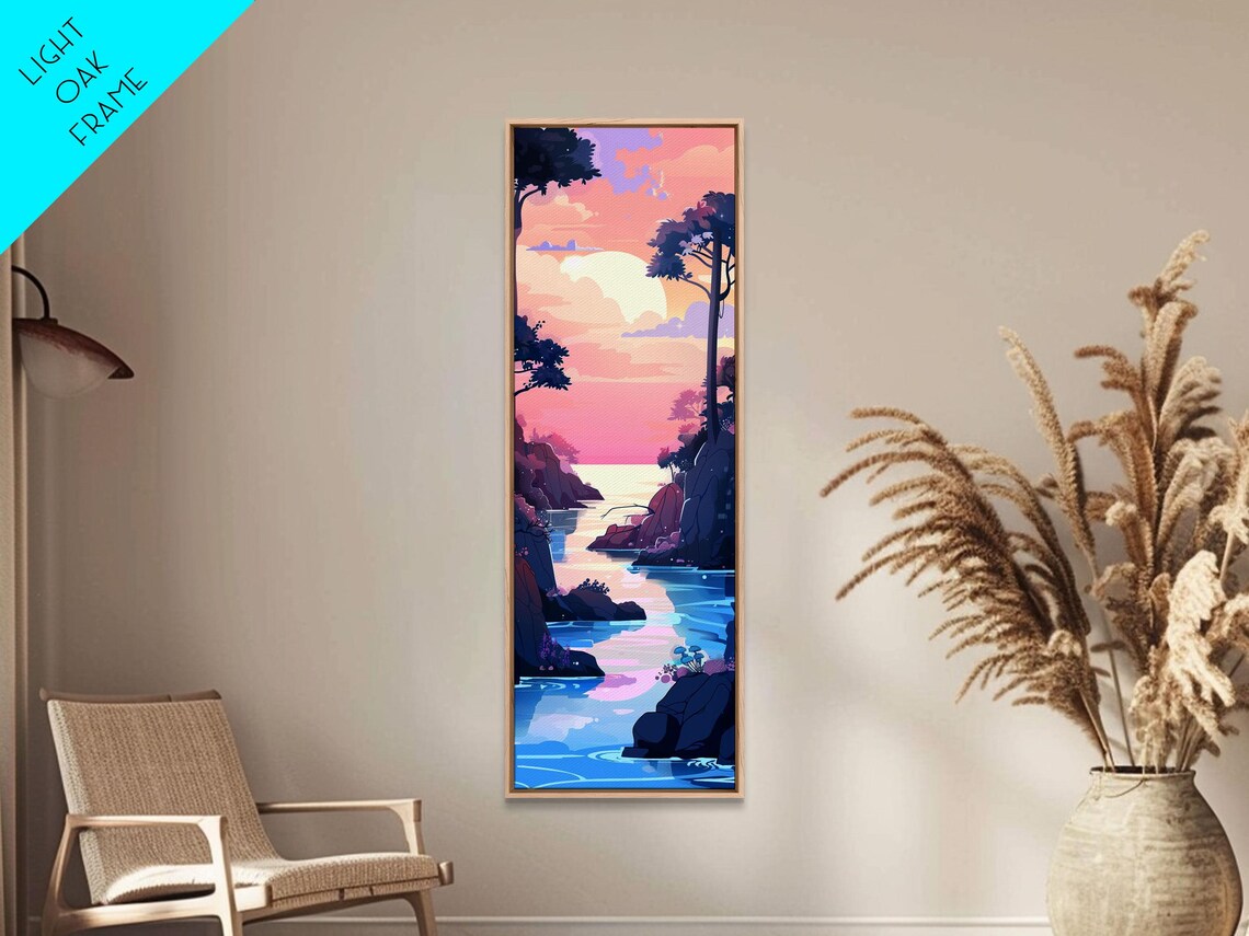 Serene Coastal Sunset Pastel Pink Blue Rocky Cove Tall Art Print