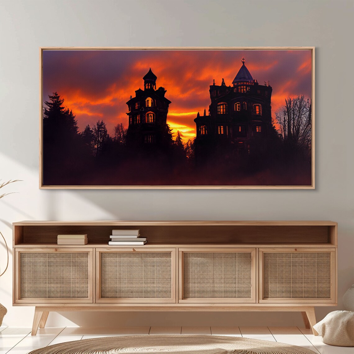 Haunted Victorian Mansion Glowing Windows Fiery Sky Halloween Wall Poster - Image 3