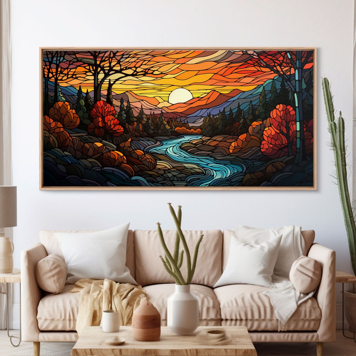 Stained Glass Style Sunset River Mountains Fall Landscape Poster - Image 3