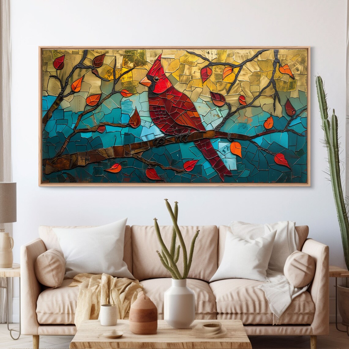 Stained Glass Cardinal Red Bird Autumn Branch Mosaic Art Poster - Image 3