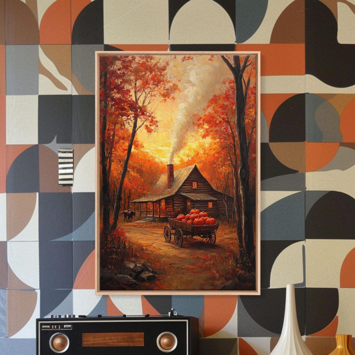 Autumn Cabin With Pumpkin Wagon In Fiery Fall Forest Dusk Poster - Image 2