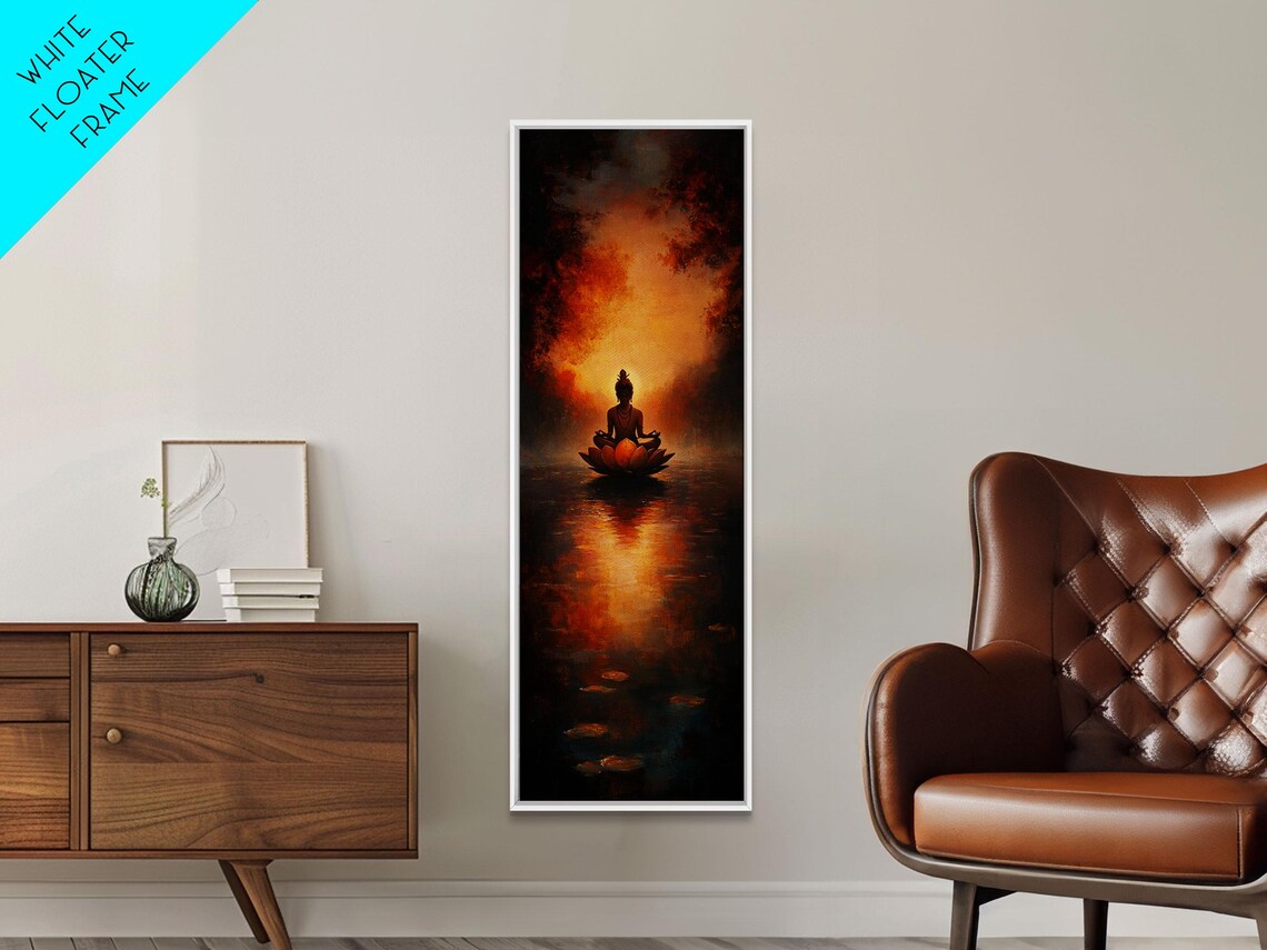 Meditating Figure Lotus Pond Fiery Sunset Spiritual Yoga Wall Art - Image 2