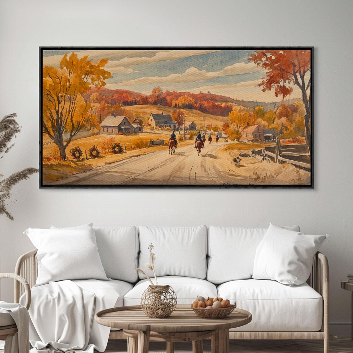 Horseback Riders Approaching Golden Autumn Farm Village Art Print - Image 6