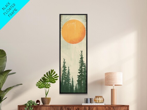 Abstract Sun Over Forest Earth Tones Skinny Art Tall Art Framed Print Japanese Style Art Ukiyo E Art Wood Block Print Minimalist