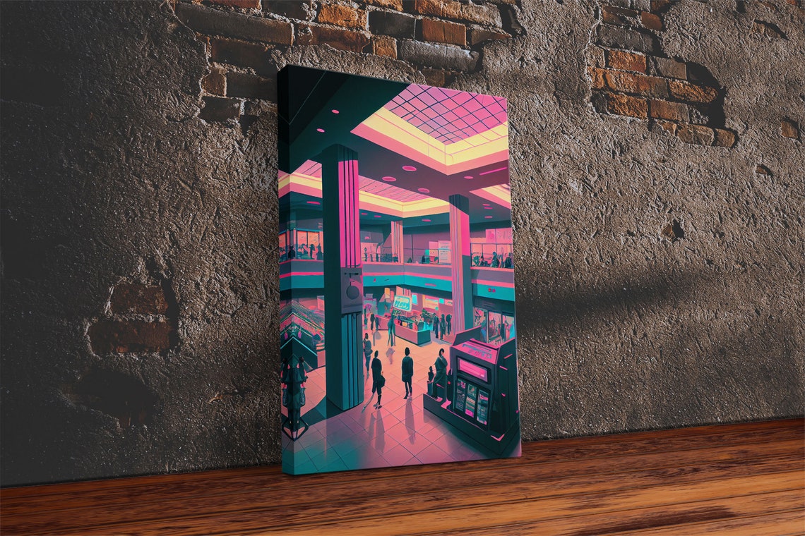 Retro 80s Mall Pink Teal Vaporwave Interior Neon Shopping Poster - Image 2