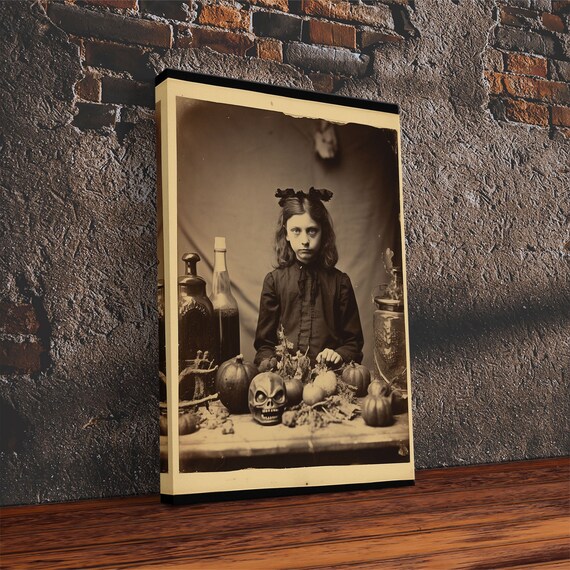 Spooky Vintage Photograph Girl Skulls Pumpkins Apothecary Gothic Decor Poster