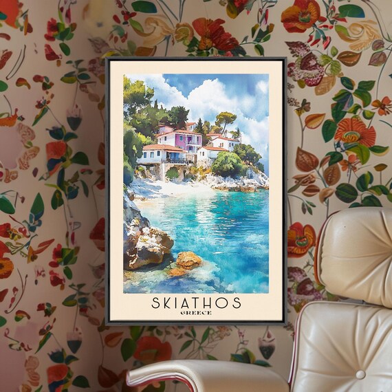 Skiathos Greece Colorful Hillside Village Turquoise Cove Watercolor Poster