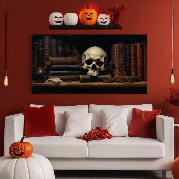 Victorian Gothic Library Skull On Bookshelf Dark Academia Spooky Art Poster