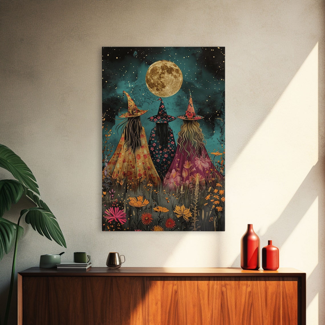 Witches Under Full Moon Floral Dresses Wildflowers Night Art Poster - Image 4