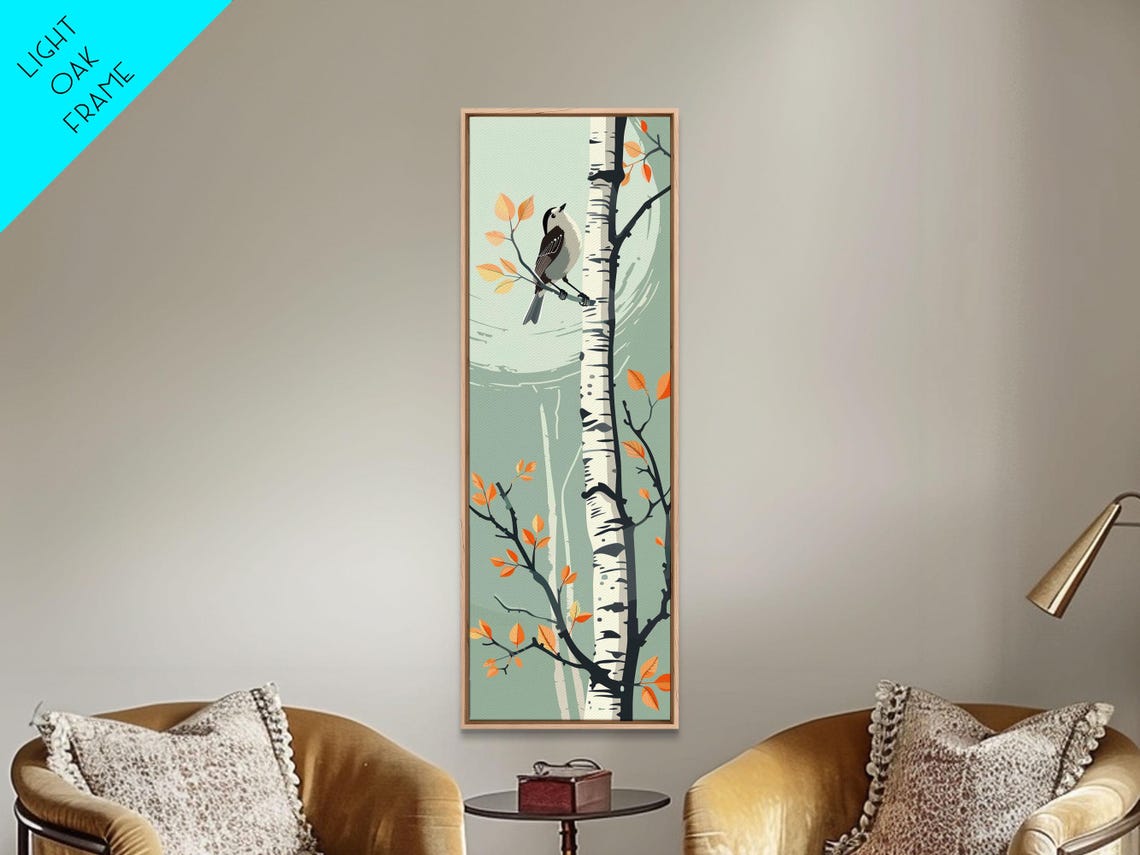 Songbird On Birch Tree Autumn Orange Leaves Vertical Art Print - Image 5