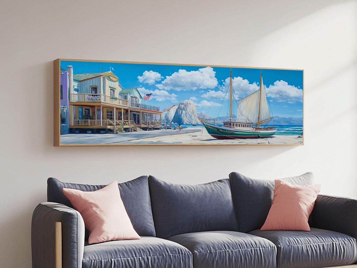 Maine Coastal Town Sailboat Harbor Panoramic Seascape Painting Poster - Image 4
