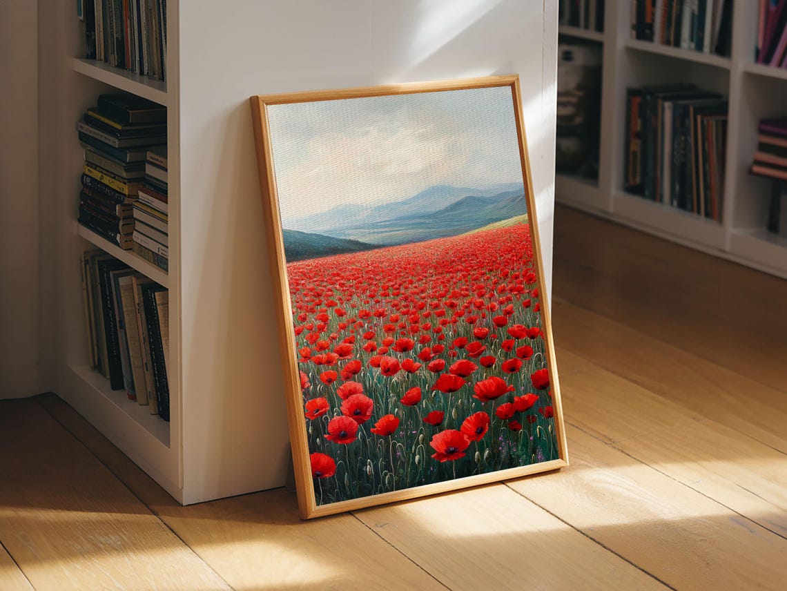 Red Poppy Field Blue Mountains Vast Bloom Rustic Landscape Art Poster - Image 3
