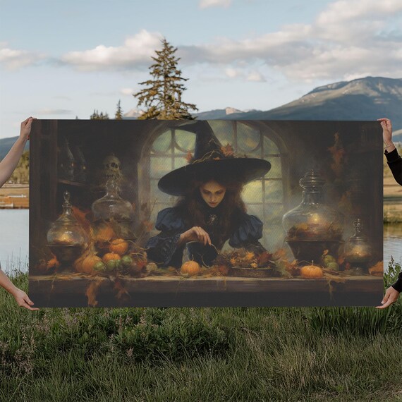 Witch Brewing Potions Pumpkins Glass Jars Occult Apothecary Art Poster