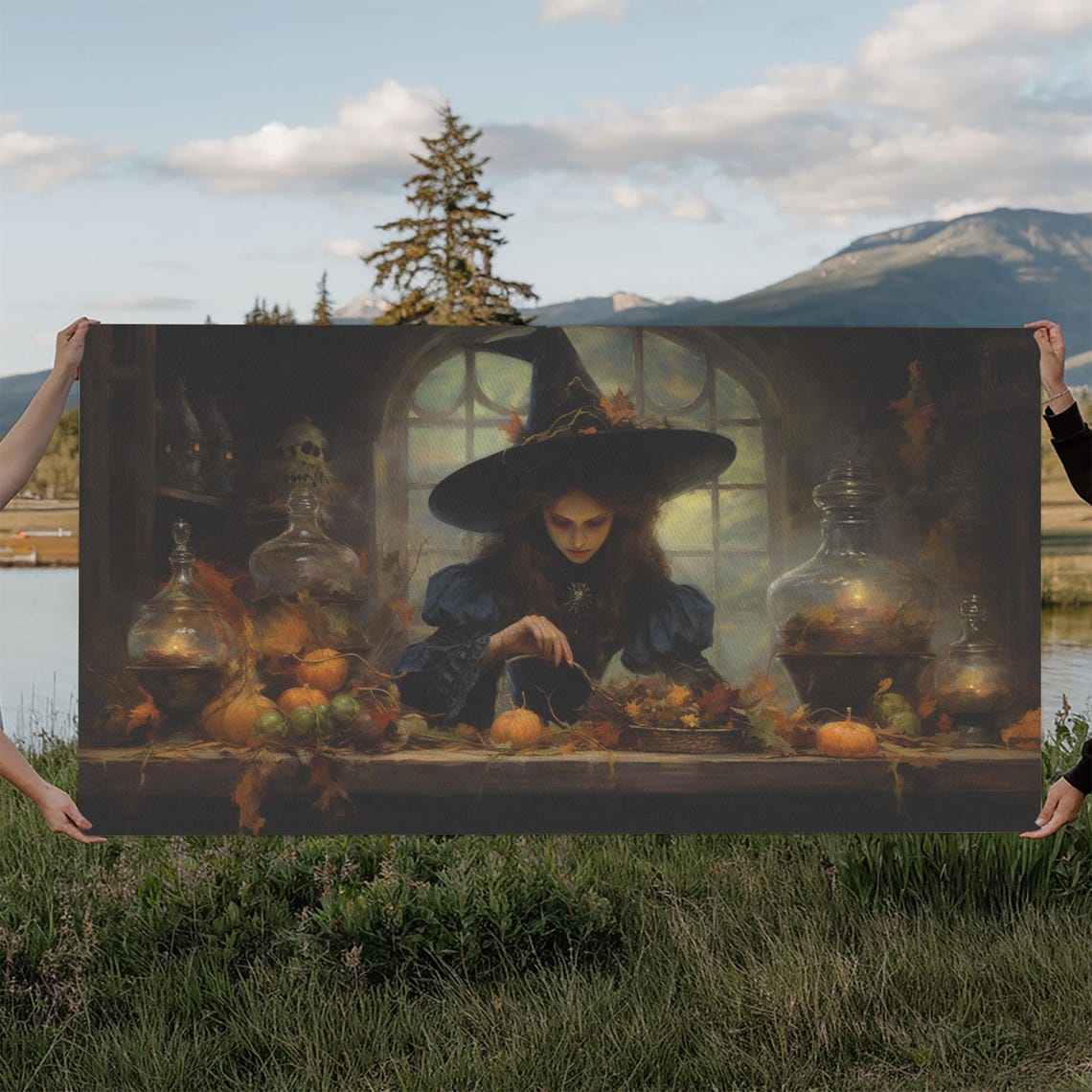 Witch Brewing Potions Pumpkins Glass Jars Occult Apothecary Art Poster