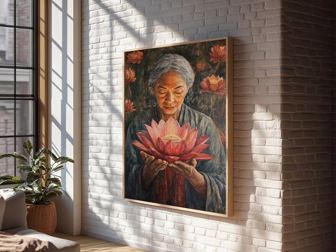 Elderly Woman Holding Lotus Flower Spiritual Zen Painting Poster - Image 6