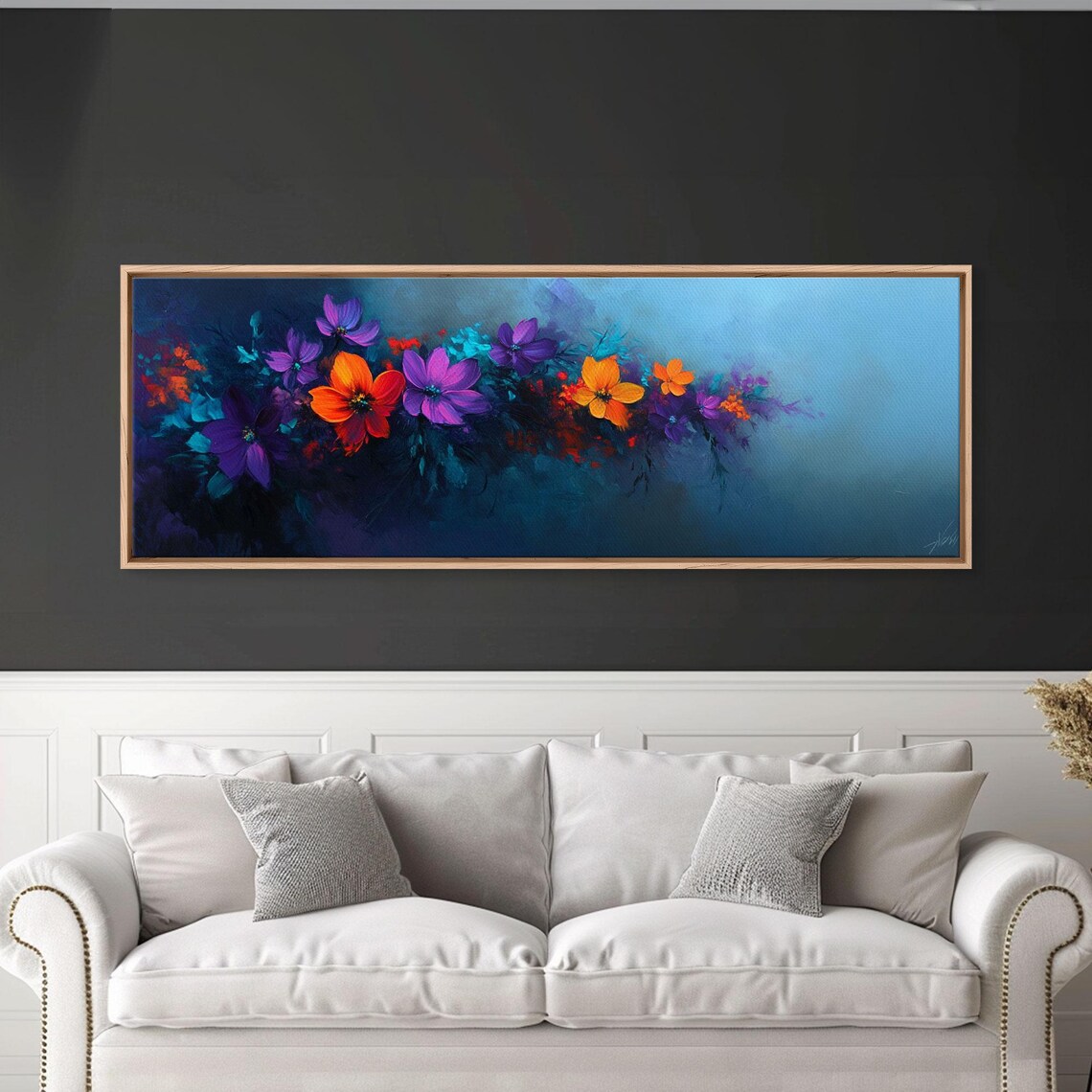 Purple And Orange Flowers On Navy Blue Moody Floral Oil Poster - Image 5