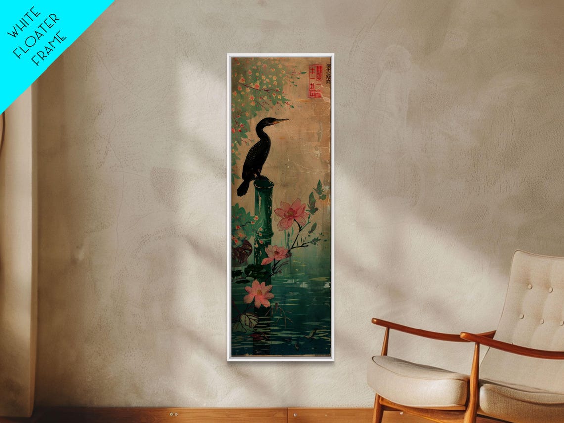 Japanese Ukiyo E Cormorant Bird Bamboo Pond Lotus Flowers Poster - Image 5
