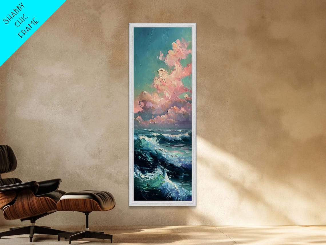 Textured Ocean Waves Pink Clouds Coastal Seascape Painting Poster - Image 5