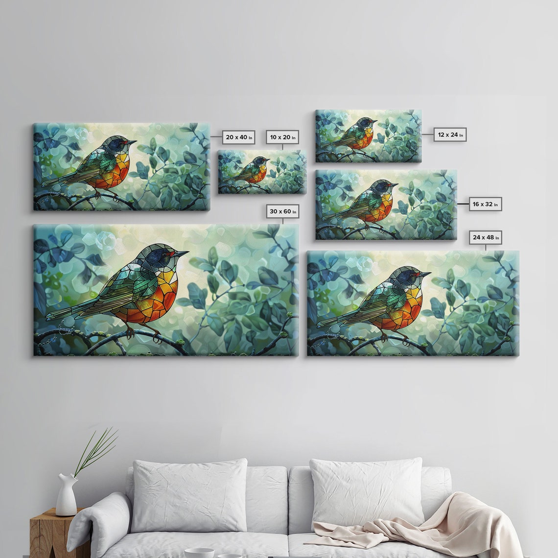 Stained Glass Songbird Teal Orange Perched Branch Spring Art Poster - Image 2