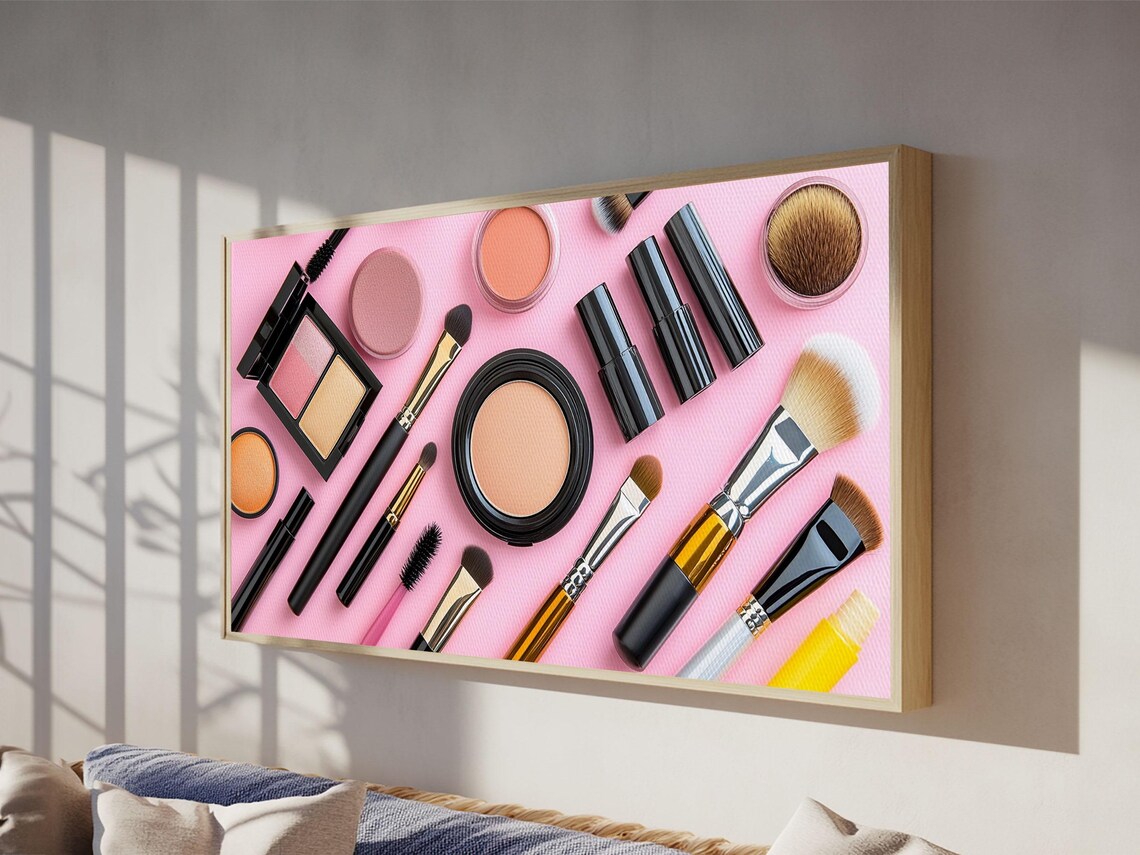 Makeup Brushes Cosmetics Flat Lay Pink Background Preppy Beauty Wall Art - Image 6