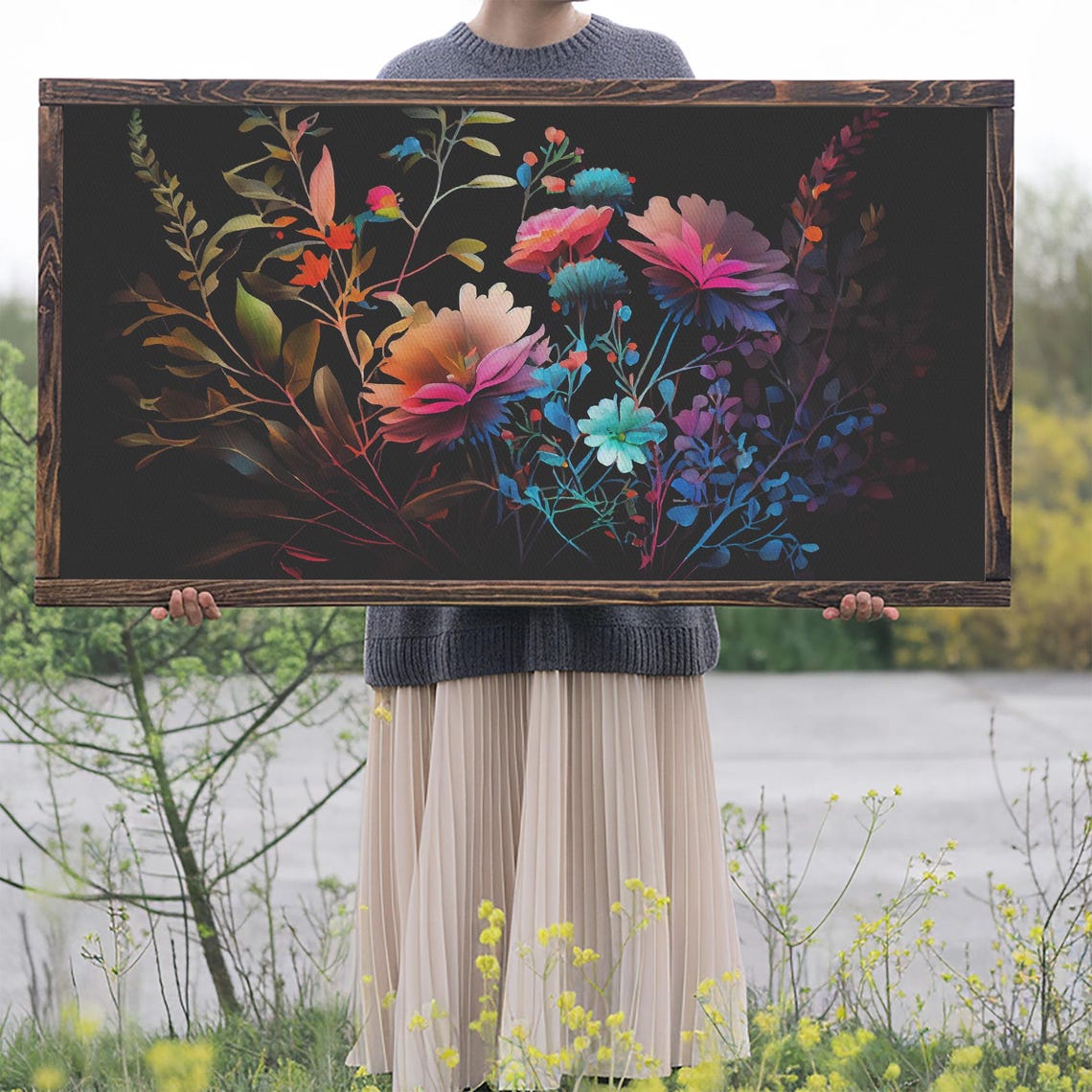 Wildflowers On Black Background Colorful Floral Watercolor Moody Print - Image 2