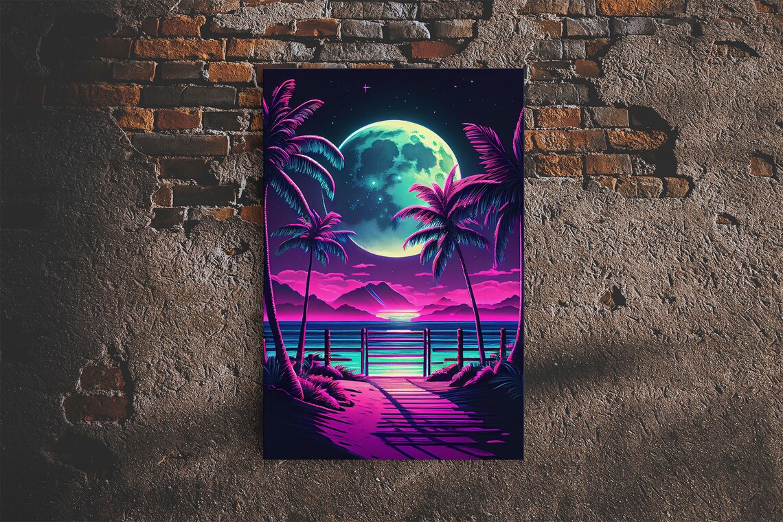 Full Moon Over A Florida Beach, Palm Trees Outrun Style - Image 6