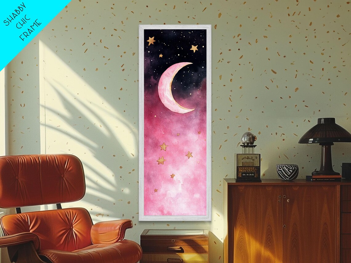 Pink Crescent Moon Gold Stars Watercolor Night Sky Celestial Poster - Image 3