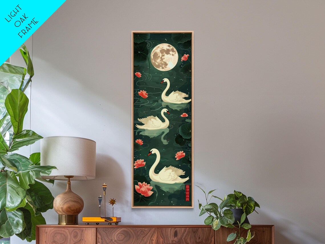 Three White Swans Full Moon Lotus Pond Night Japanese Poster