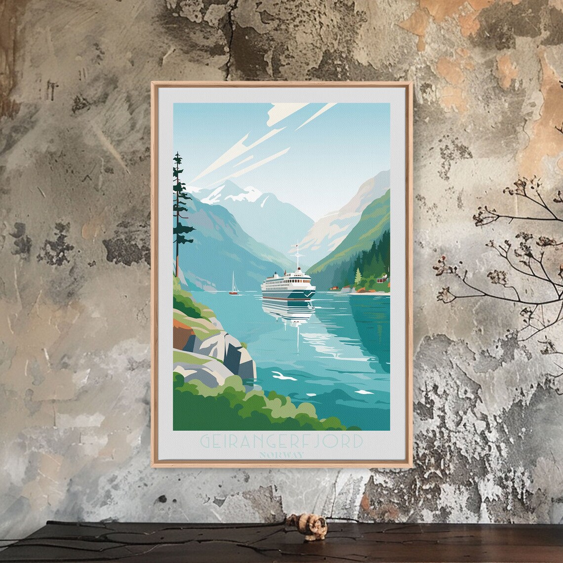 Geirangerfjord Norway Cruise Ship Fjord Snowy Peaks View Poster - Image 4