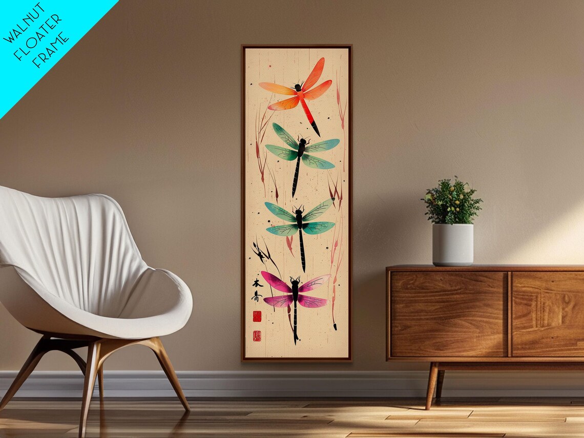 Dragonflies In Flight Japanese Style Colorful Insects Cream Backdrop Art Poster - Image 2