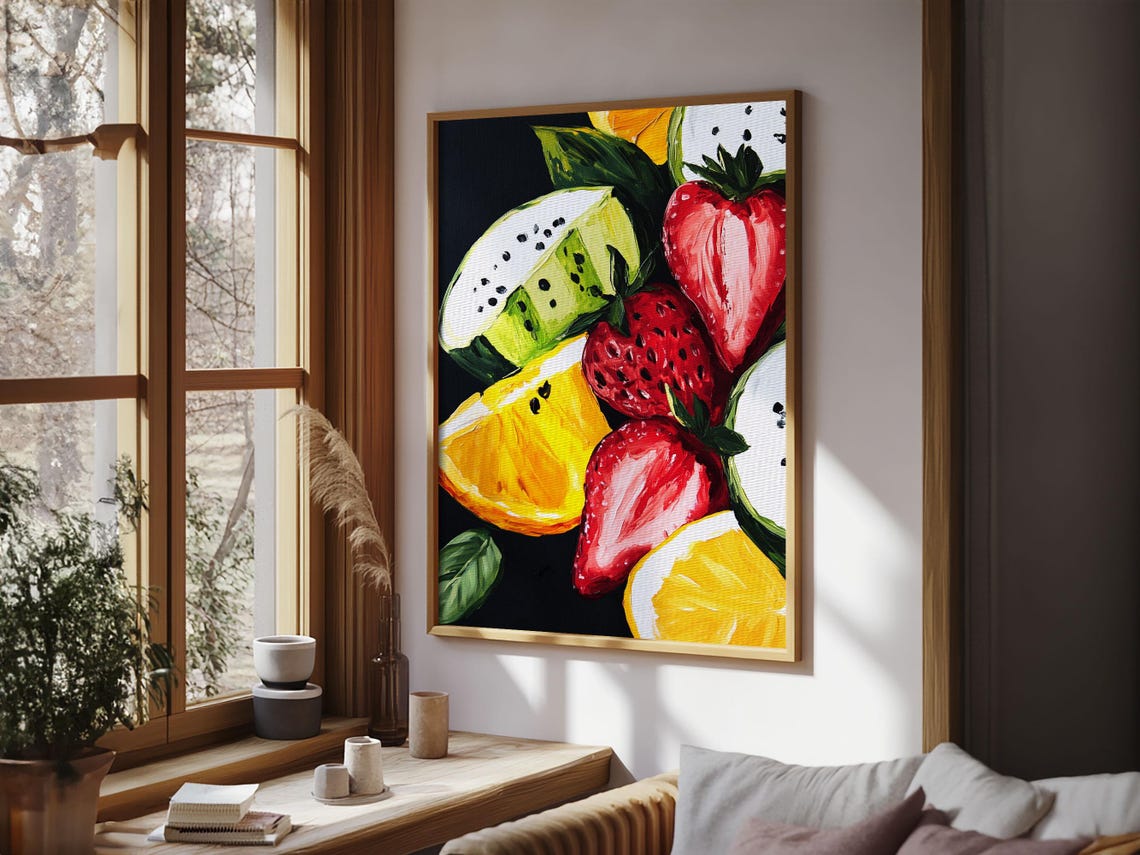 Bold Strawberry Orange Dragon Fruit Still Life Kitchen Art Print - Image 6