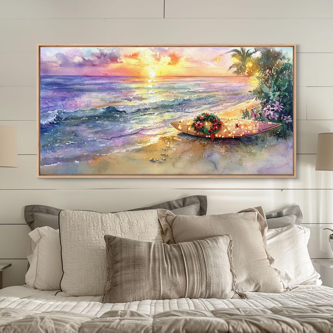 Christmas Surfboard Beach Sunset Wreath Lights Tropical Holiday Poster - Image 2