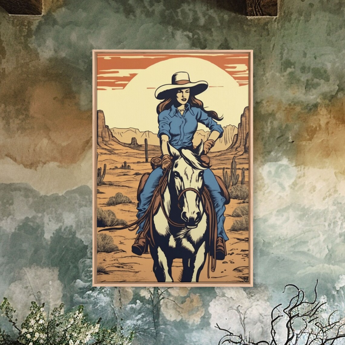 Cowgirl Riding White Horse Desert Canyon Sunset Retro Western Poster - Image 4