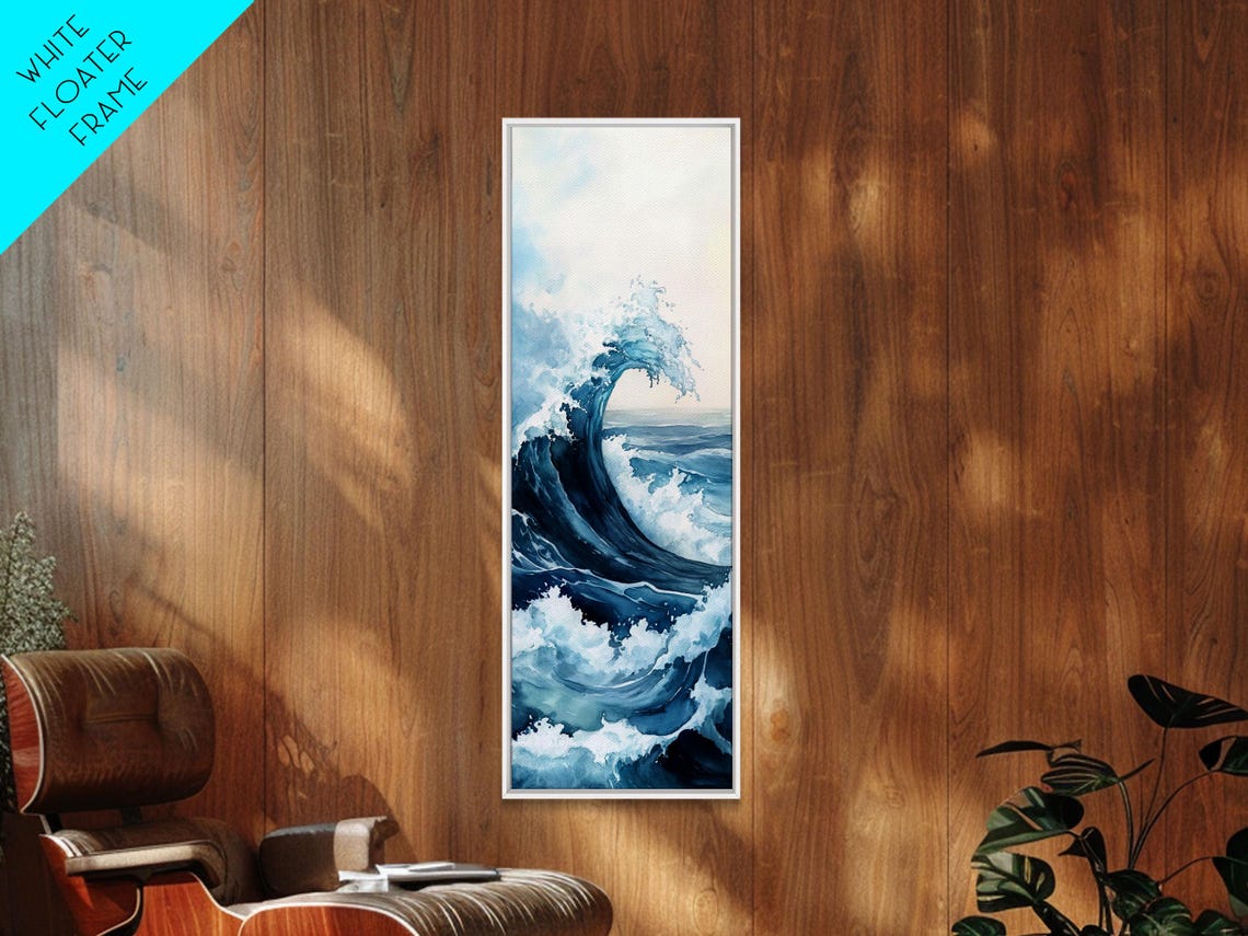 Towering Navy Ocean Wave White Foam Watercolor Coastal Wall Poster - Image 2
