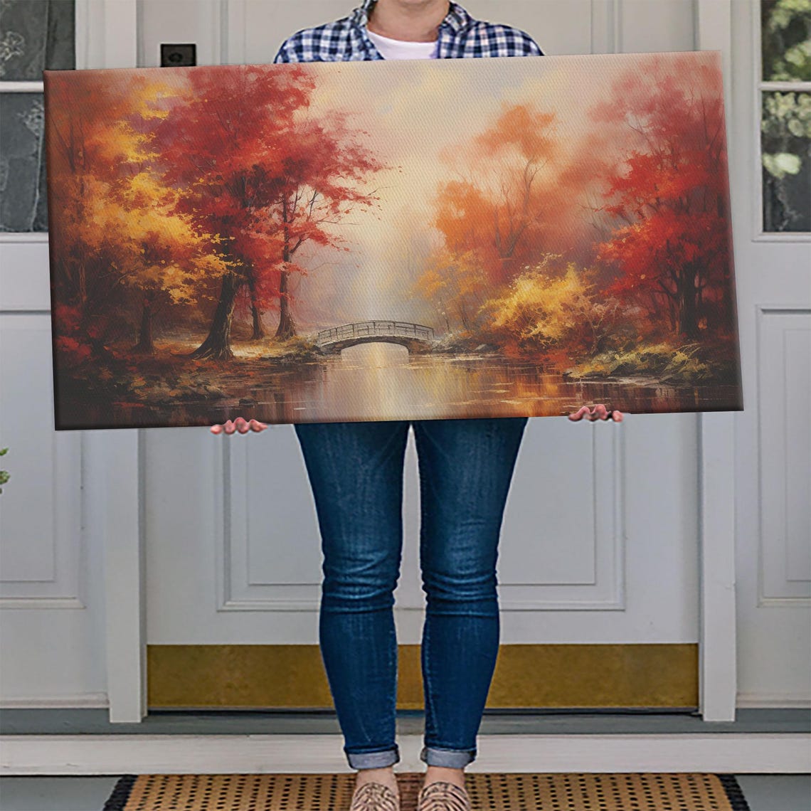 Autumn Park Bridge Over Calm Water Red Foliage Misty Fall Art Poster - Image 4