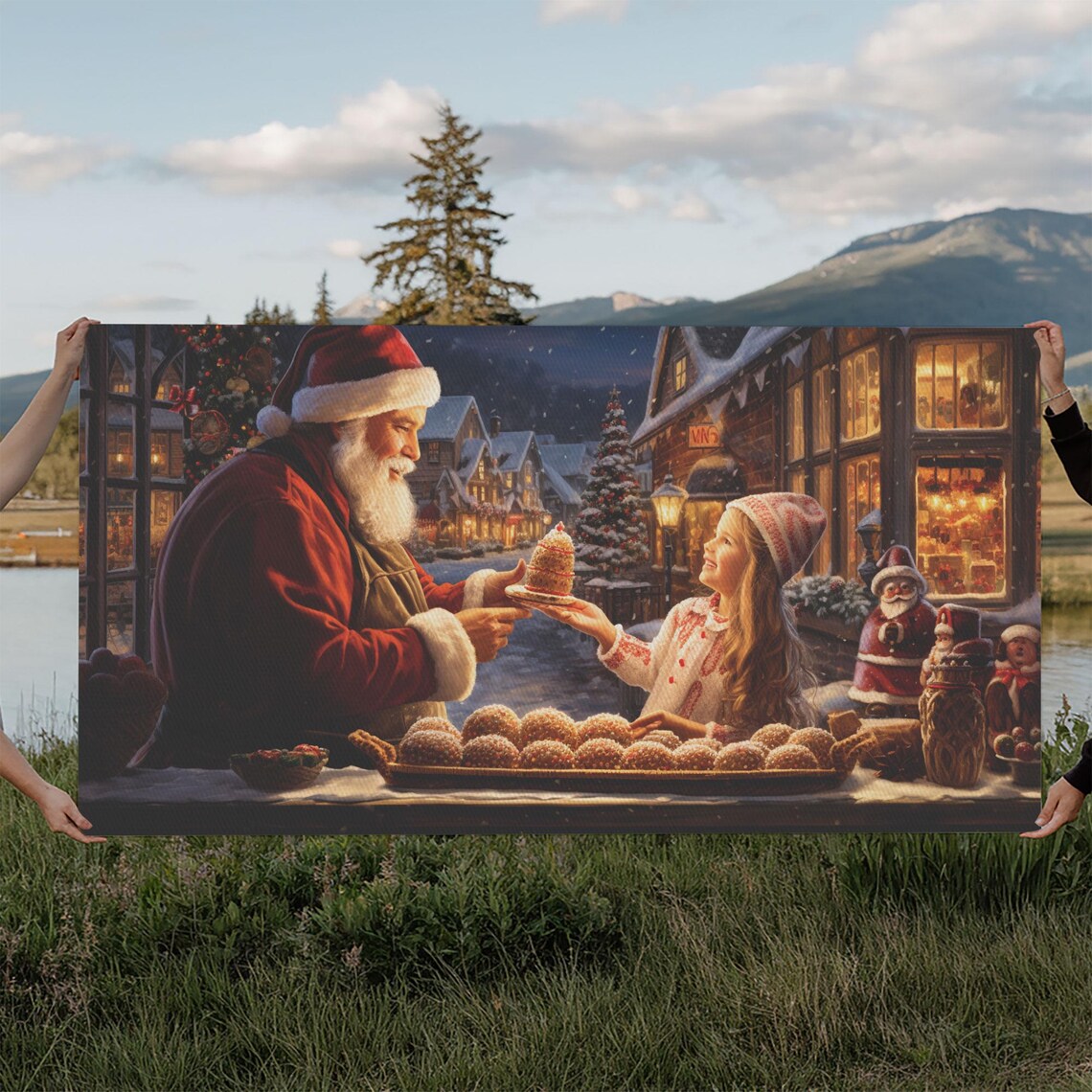 Santa Claus Handing Cake To Little Girl At Christmas Market Poster