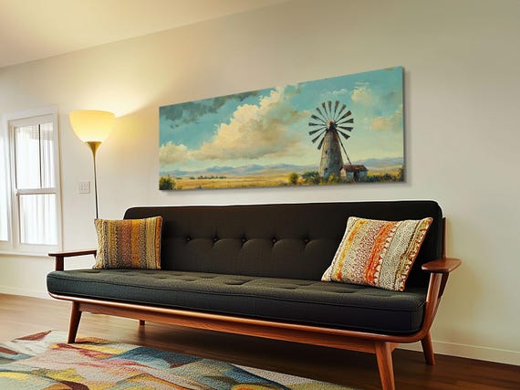 Scenic Windmill Landscape Framed Print Rustic Cottagecore Farmhouse Art Moody Southwest Decor Above Couch Wall Art Gift Idea