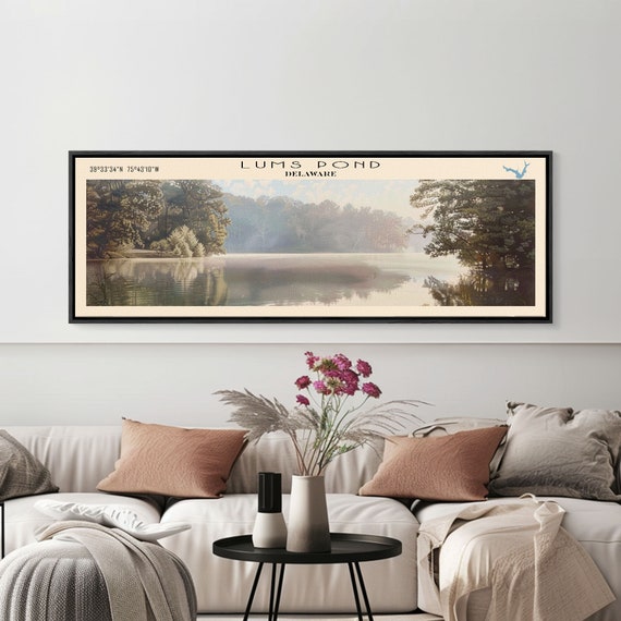 Lums Pond Delaware Framed Print Lake House Decor Panoramic Wall Art Travel Poster Scenic Landscape Painting Contemporary Art