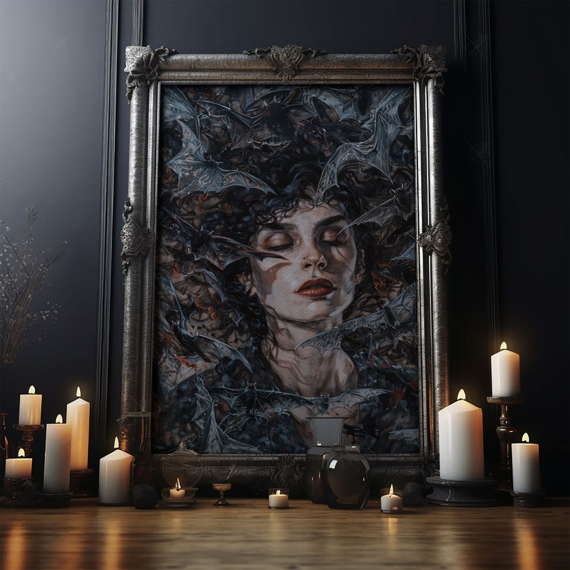 Dark Gothic Woman Surrounded By Bats Spooky Halloween Wall Art - Image 5